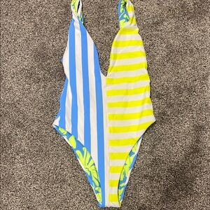 Maaji Blue and Yellow One Piece Swimsuit with Tropical Print